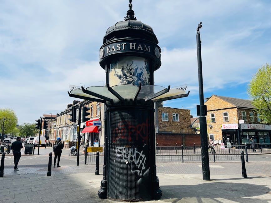 A street scene featuring a cylindrical clock and information kiosk with a domed top, situated on a paved sidewalk in a residential and commercial area. The kiosk's black metal structure displays graffiti tags on its lower section and has a circular roof with decorative detailing. The top of the kiosk bears a sign reading 'EAST HAM.' Surrounding the kiosk are black bollards and street lighting poles, with a traffic light visible in the background. Several pedestrians, some carrying bags, are walking across the street or standing nearby. Behind the scene are brick-built houses and small shops, including a nail salon, under a partly cloudy sky with patches of blue. The area is consistent with an urban postcode, likely during daytime, with trees lining the streets. The image relates to local street environments, potentially connected to home relocation and furniture transport processes involving removals companies such as Removal Companies Tooting.